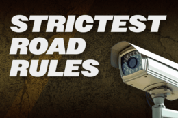 a speed camera on a brown cracked background with a title card reading "strictest road rules"
