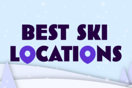 An illustrated background of snowy mountains with the words "Best Ski Locations"