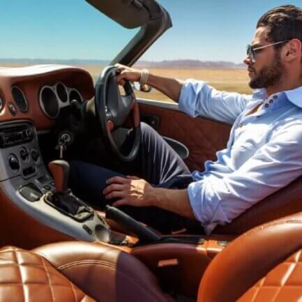 Man driving prestige luxury car