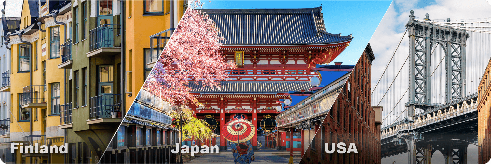 an image showing buildings in Finland, Japan and the USA