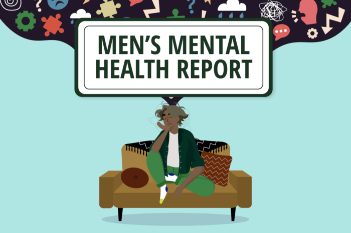 Illustration of a person sitting on a couch under the title “Men’s Mental Health Report”, with abstract icons above.