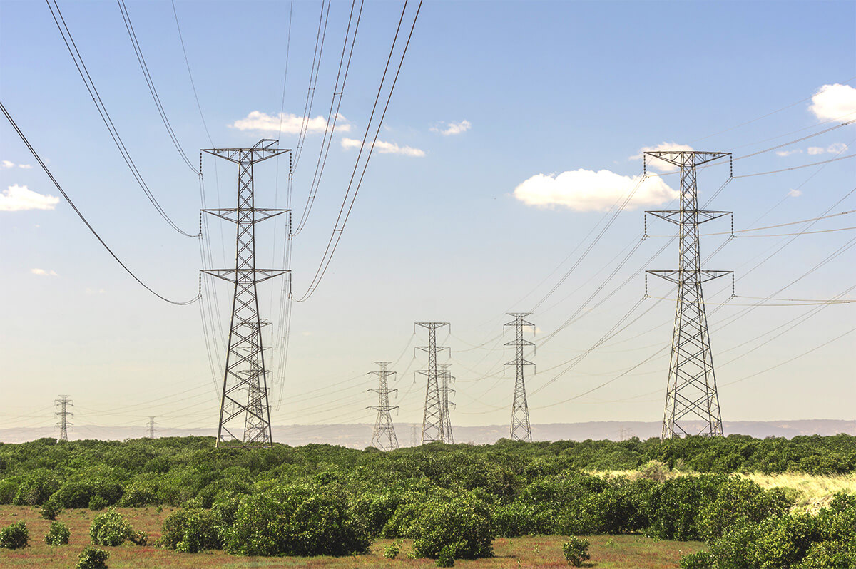 Electricity power lines on farm land