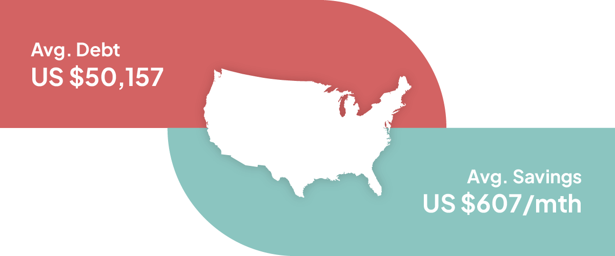United States average debt vs savings illustration