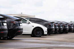 White Tesla Model Y parked next to black Tesla Model Ys