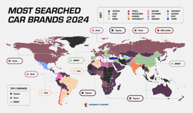 a world map showing the most searched car brand in countries across the world for 2024