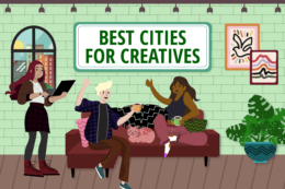 a cartoon image of people hanging out in a building with a green brick interior wall behind them