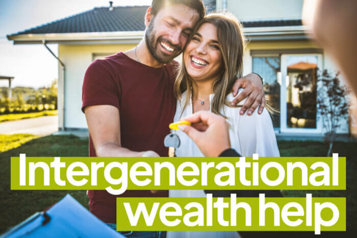 a happy bouple receiveing keys to their house with the caption "Intergenerational wealth help"