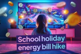 a girl sitting in front of a television with coins in the air with a title overlay reading "School holiday energy bill hike"