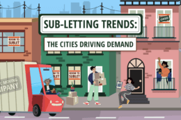 a cartoon picture of a city street with a moving truck and people moving into one of the apartment buildings