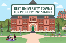 a wide shot of a university with green hills, trees and housing