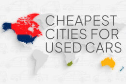 a map of the world with some countries highlighted in different colours with 2-dimensional images of cars in the background with a title card overlay reading "Cheapest Cities for Used Cars"