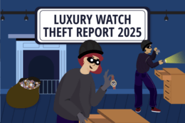A cartoon image of thieves breaking into a home to steal watches with a title overlay reading "LUXURY WATCH THEFT REPORT 2025"