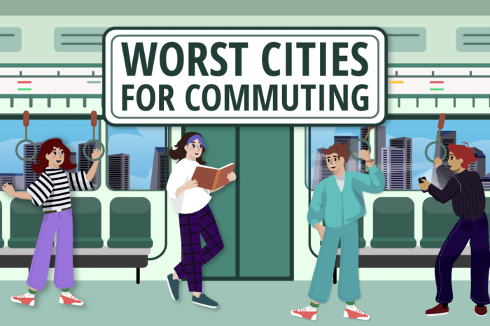 A cartoon image of people in a train with the words "Worst Cities for Commuting"