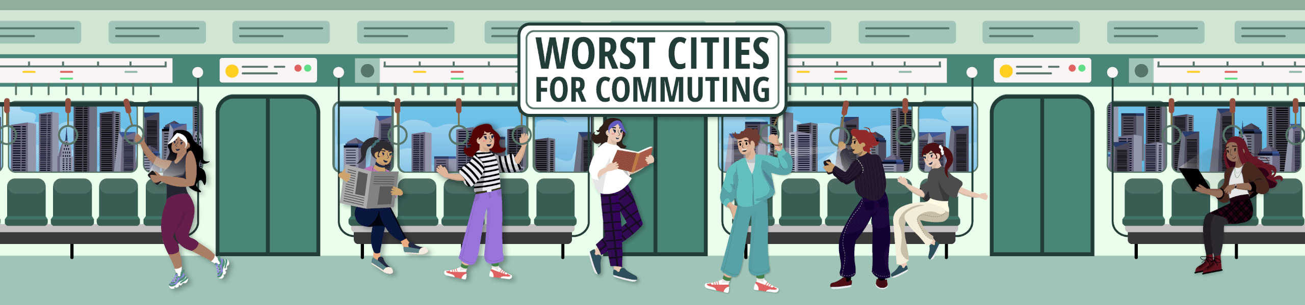 A cartoon image of people in a train with the words "Worst Cities for Commuting"