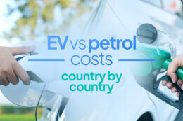 hands putting fuel pump and car charger into centre of picture behind title overlay that reads "EV vs petrol costs - country by country"