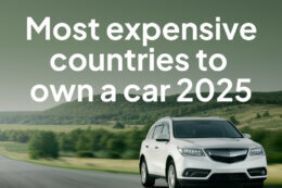 a white car driving in a countryside with a title overlay reading "Most expensive countries to own a car 2025"
