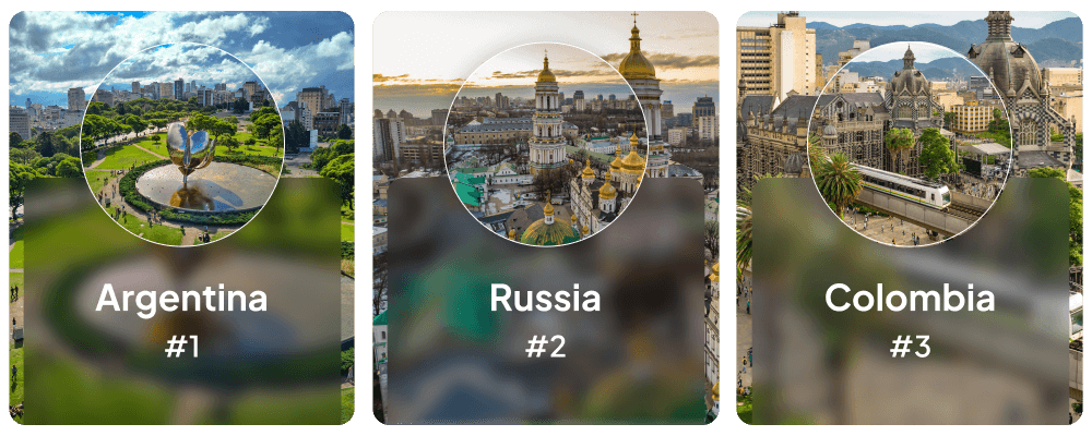 a collage depicting landmarks from Argentina, Russia and Colombia