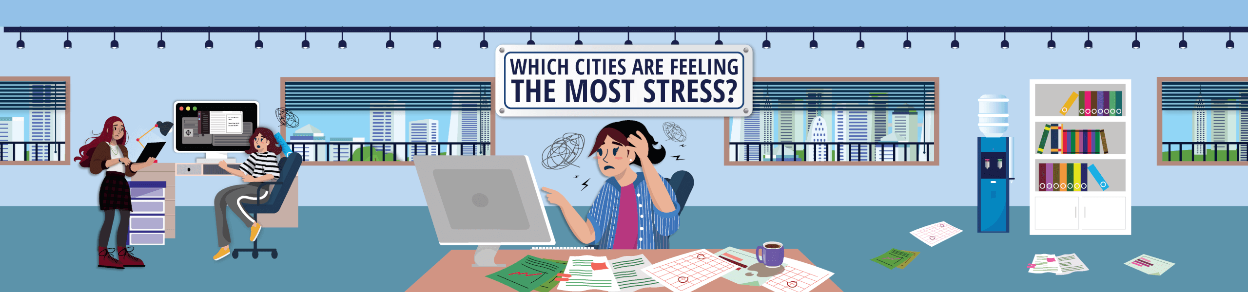 A cartoon picture of a woman in an office with city buildings in the background, and she is visibly stressed.
