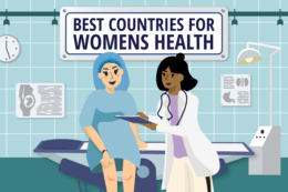 a cartoon image showing female patients in a medical centre being treated by staff