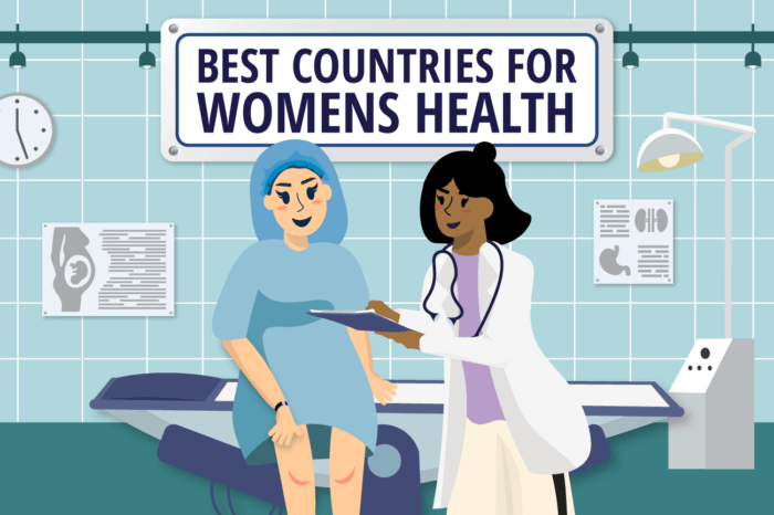 a cartoon image showing female patients in a medical centre being treated by staff