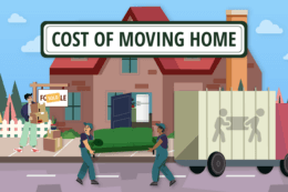 a cartoon picture of a street outside a house, which has sold, while movers take a green couch out of the truck towards the house, where the new owner is carrying boxes to move in.