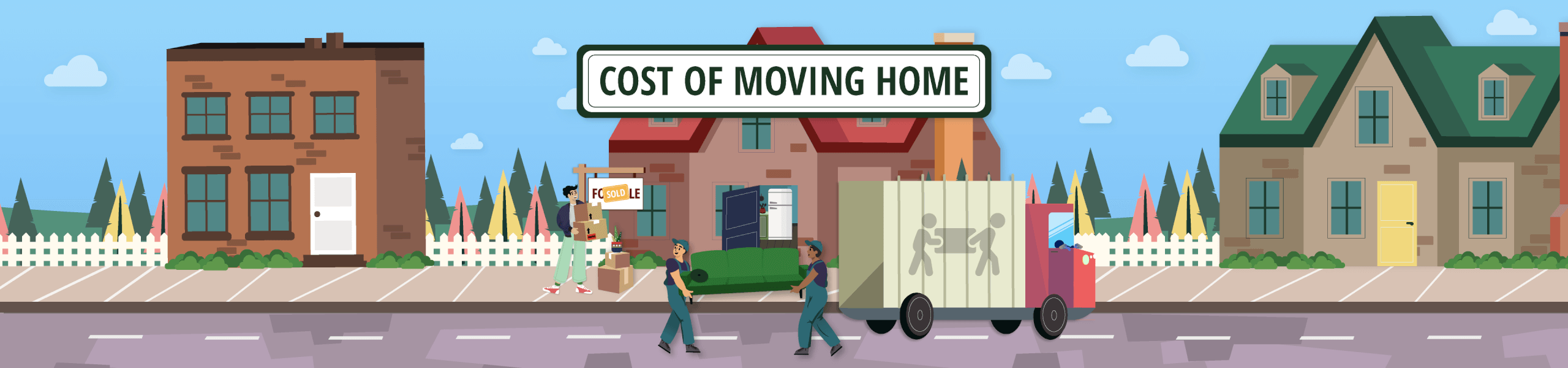 a cartoon picture of a street outside a house, which has sold, while movers take a green couch out of the truck towards the house, where the new owner is carrying boxes to move in.