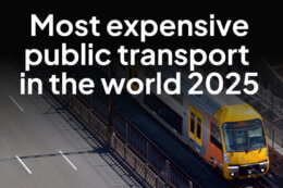a view of a train next to a road with a title overlay reading "Most expensive public transport in the world 2025"