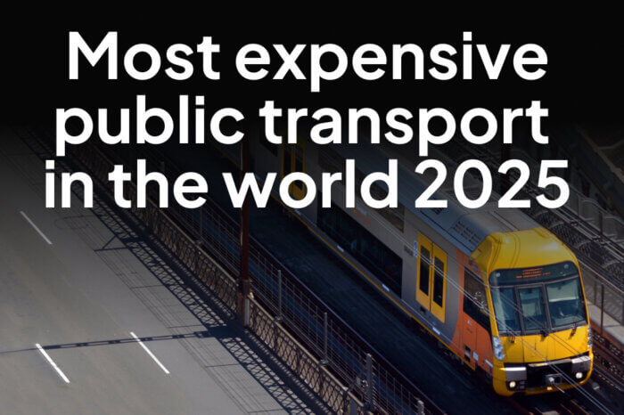 a view of a train next to a road with a title overlay reading "Most expensive public transport in the world 2025"