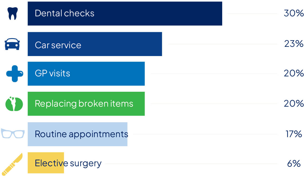 Chart showing the non-luxury items that Australians have given up, delayed or cut back on in the past 12 months
