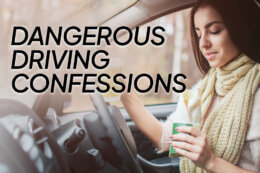 A woman drinking coffee and eating good while driving a car with text overlay reading "Dangerous Driving Confessions"