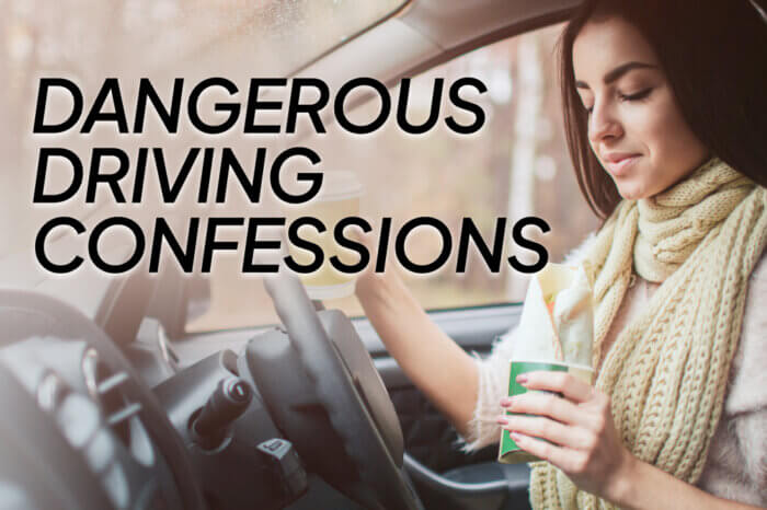 A woman drinking coffee and eating good while driving a car with text overlay reading "Dangerous Driving Confessions"