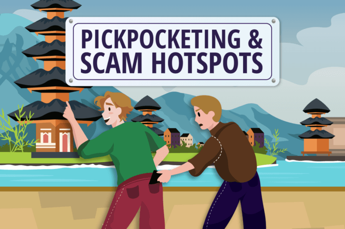 a cartoon image of a man being pick-pocketed while on holiday at an exotic location