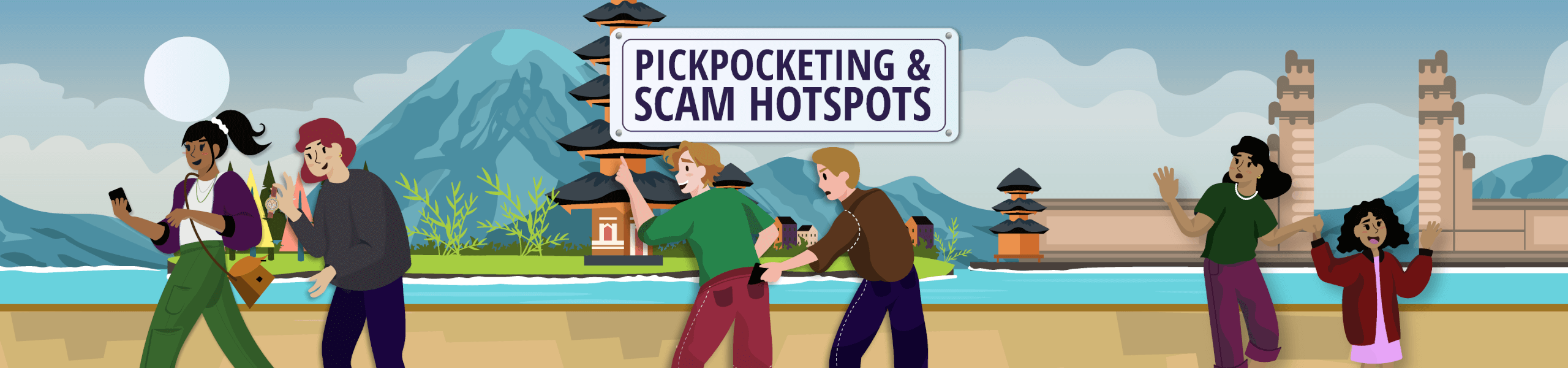 a cartoon image of a man being pick-pocketed while on holiday at an exotic location