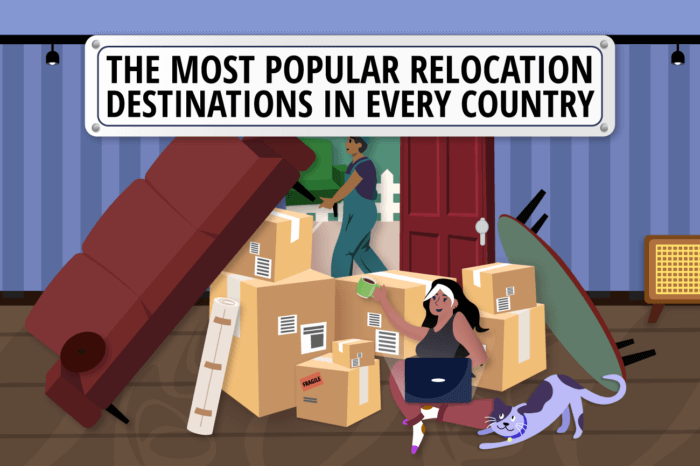 a cartoon picture of people moving into a house with a title card overlay reading "The most popular relocation destinations in every country"