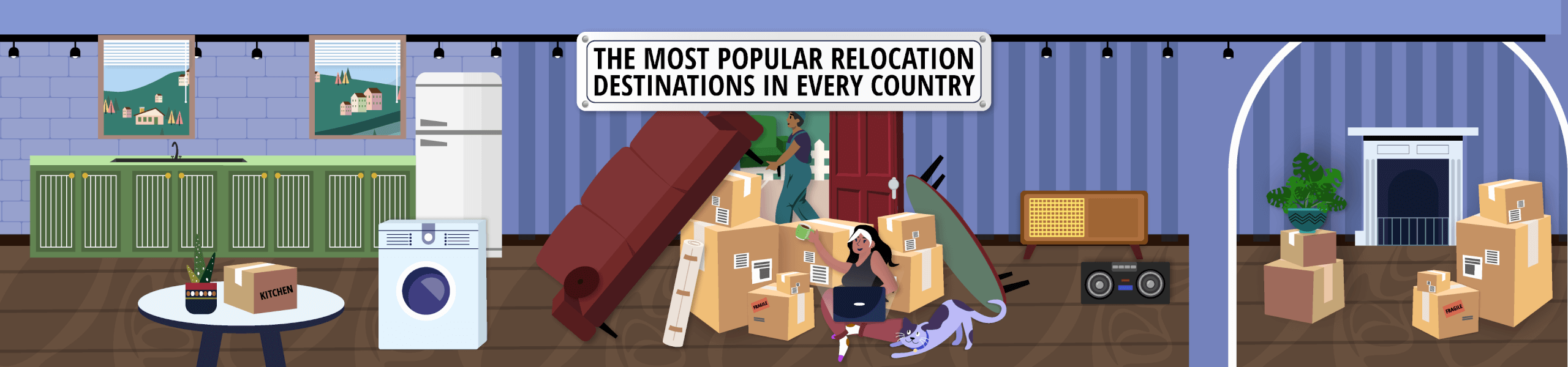 a cartoon picture of people moving into a house with a title card overlay reading "The most popular relocation destinations in every country"
