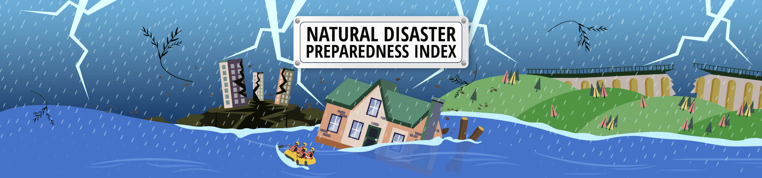A cartoon image of a coastline being impacted by a flood and rain and lightning with title card overlay reading "natural disaster preparedness index"