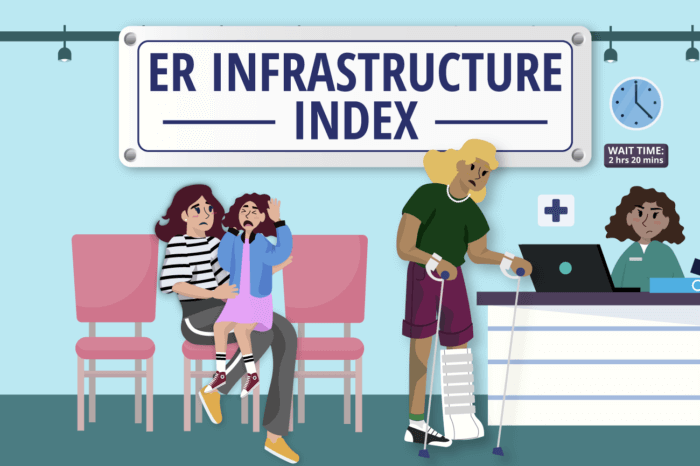 A cartoon picture of a hospital with various patients and nurses. A title card in the centre reads ER Infrastructure Index
