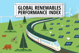 Illustration of a sleek white train curving through a green field with solar panels, wind turbines, and grazing animals. A cyclist rides near the train, and a sign above reads “Global Renewables Performance Index.”