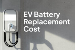 An image of a wall-mounted Electric Vehicle charger with a title 'EV battery replacement cost'.