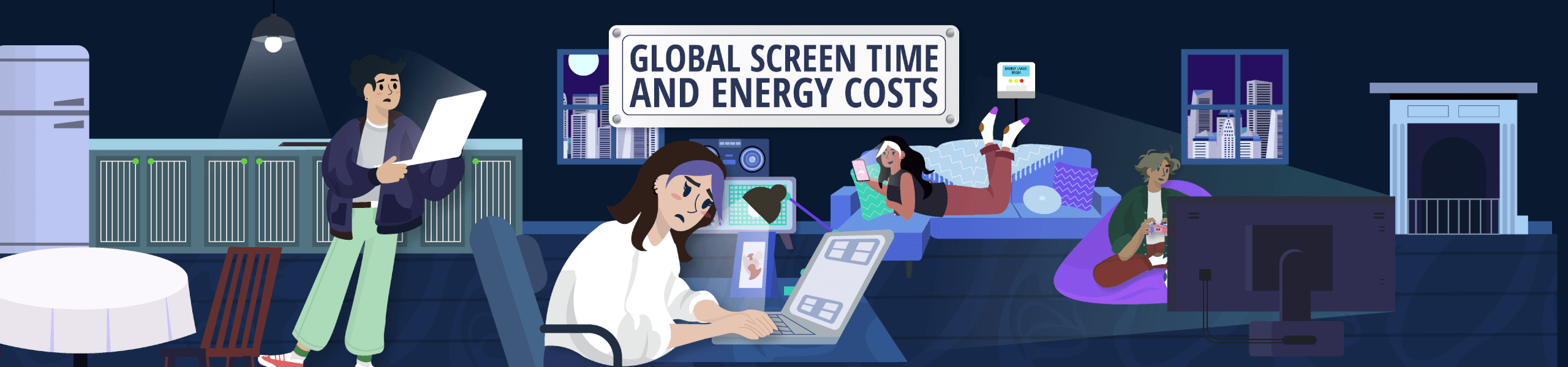 An illustrated nighttime scene showing multiple people using digital devices in different rooms, including someone working on a laptop, another person reading a document, someone using a smartphone on a bed, and another playing a game on a television. A large sign above reads ‘Global Screen Time and Energy Costs.’