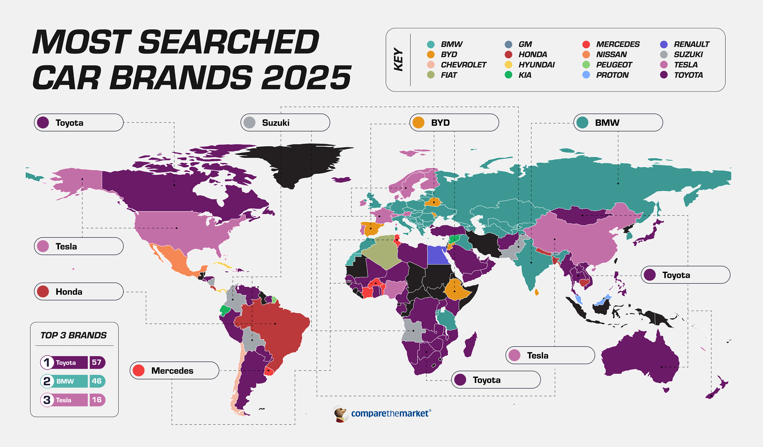 A world map showing the most searched car brands of 2025