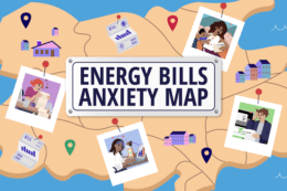 Illustrated map labeled ‘Energy Bills Anxiety Map,’ surrounded by photos of individuals checking energy bills and budgeting.