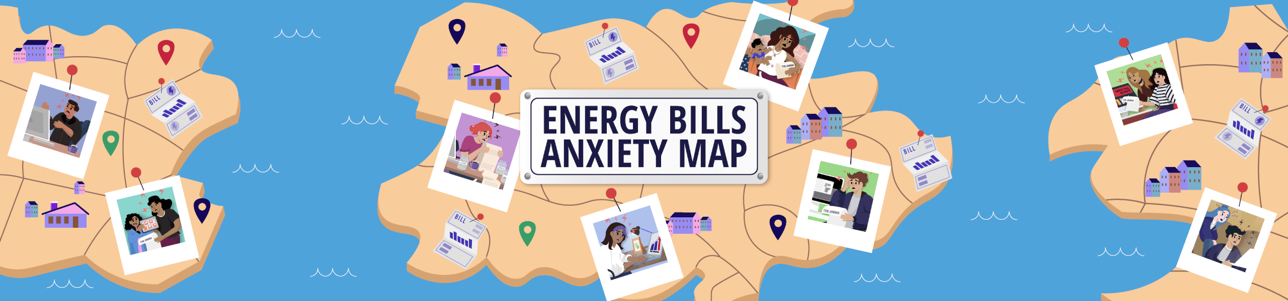 Illustrated map titled ‘Energy Bills Anxiety Map,’ decorated with pinned photos of people reviewing bills and household expenses.