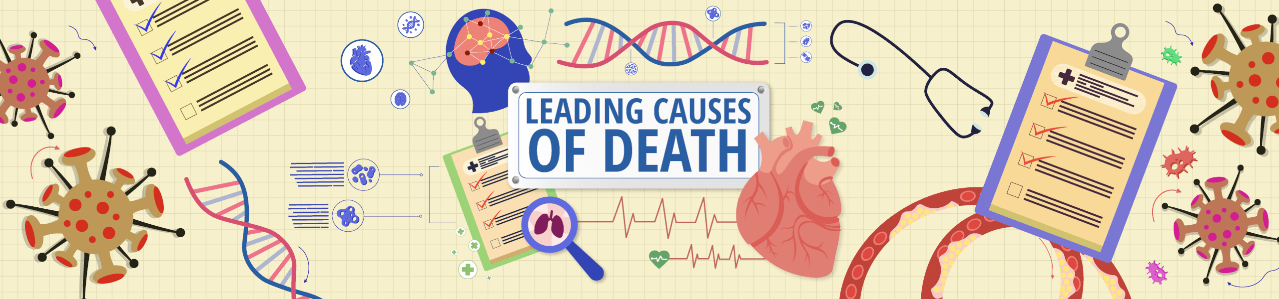 Illustrated medical-themed banner with charts, viruses, DNA strands, a heart, checklists, and the title ‘Leading Causes of Death.