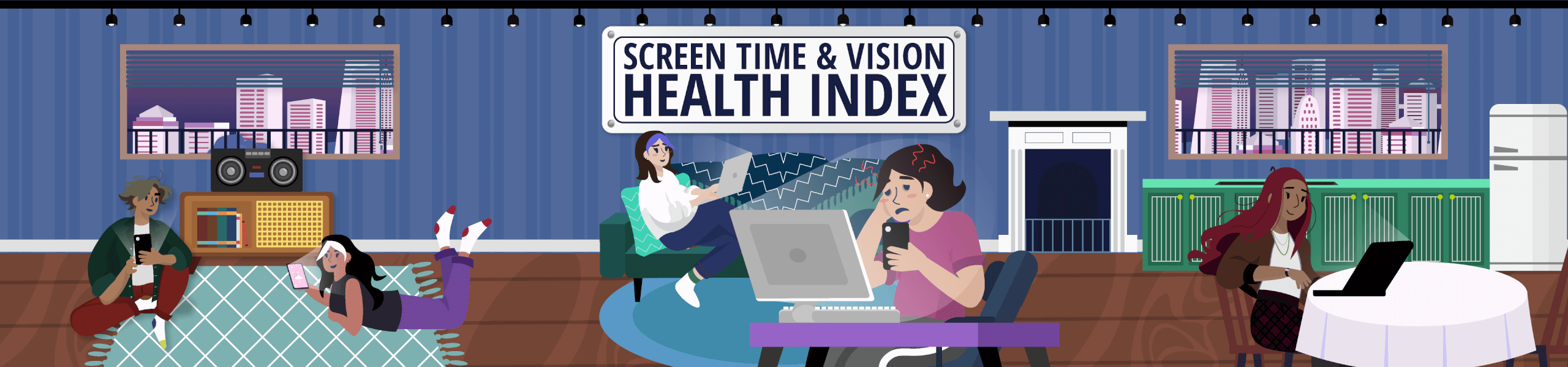 A cartoon image of five people in an apartment using smartphones and laptops, with a title overlay reading "Screen Time & Vision Health Index"