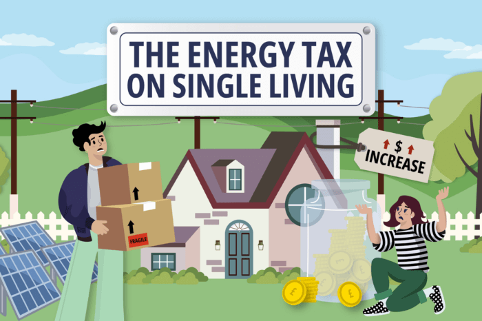 Illustration of a house with solar panels, a person carrying moving boxes, and a large sign reading ‘The Energy Tax on Single Living.