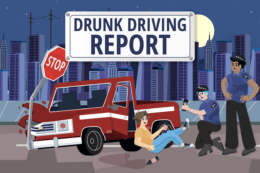 Illustrated scene of a damaged red pickup truck that has crashed into a stop sign, with a person sitting on the ground holding a bottle while two police officers stand nearby under a large sign that reads ‘Drunk Driving Report.’ A city skyline appears in the background at night.