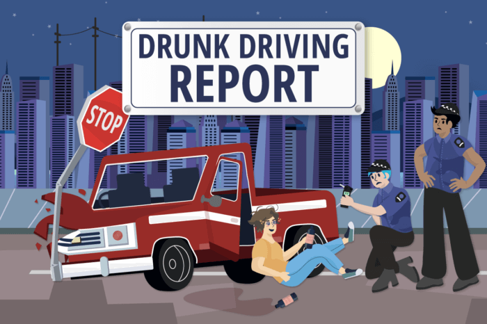 Illustrated scene of a damaged red pickup truck that has crashed into a stop sign, with a person sitting on the ground holding a bottle while two police officers stand nearby under a large sign that reads ‘Drunk Driving Report.’ A city skyline appears in the background at night.