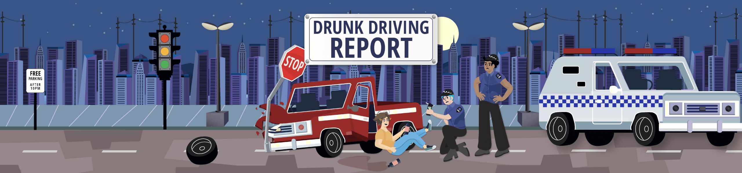 Wide illustration showing a crashed red pickup truck near a stop sign, a person sitting on the ground with a bottle, two police officers, and a police vehicle. A large sign above the scene reads ‘Drunk Driving Report,’ with a nighttime city skyline in the background.