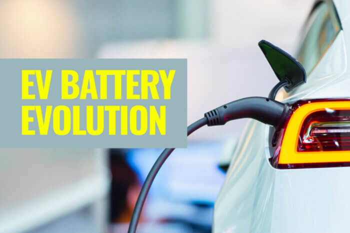 a picture of an electric car being charged with a title card overlay reading "EV Battery Evolution"